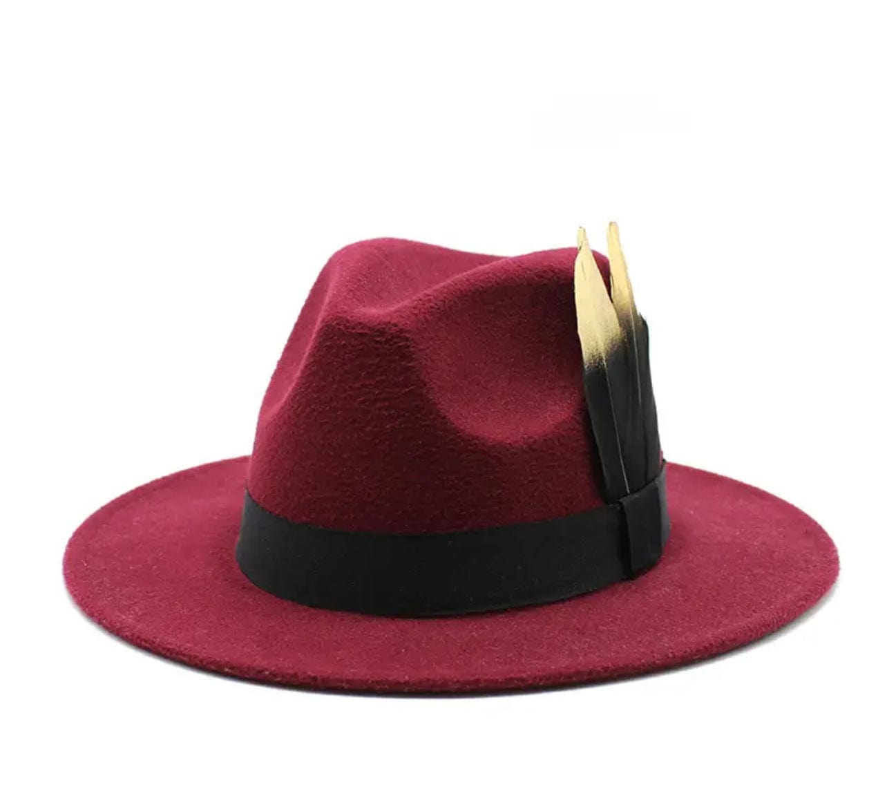 Gold Feathered  Fedora Hat-burgundy-0