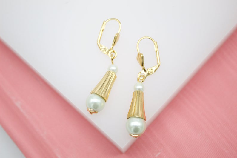 18K Gold Filled Long Golden Dangle Pearl Earrings-0