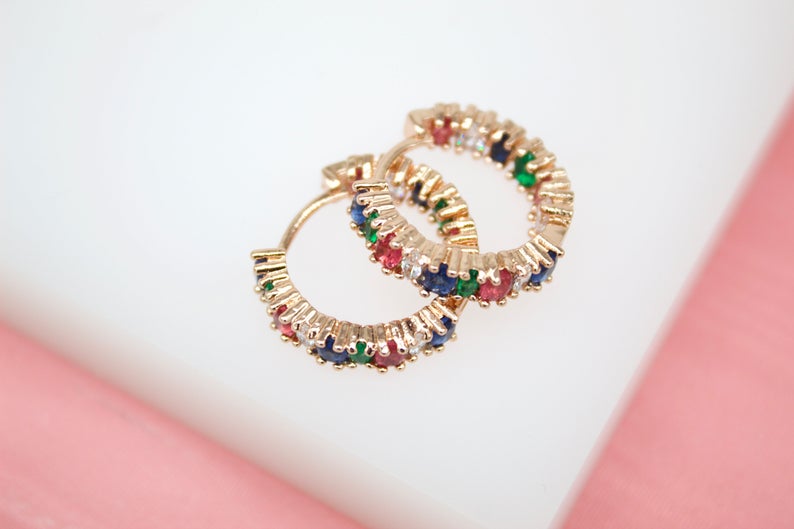18K Gold And Rhodium Filled Hoop Earrings With MulitColor CZ Cubic Zirconia Stones (L224)-2