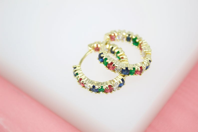 18K Gold And Rhodium Filled Hoop Earrings With MulitColor CZ Cubic Zirconia Stones (L224)-0