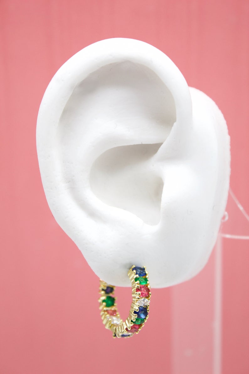 18K Gold And Rhodium Filled Hoop Earrings With MulitColor CZ Cubic Zirconia Stones (L224)-1