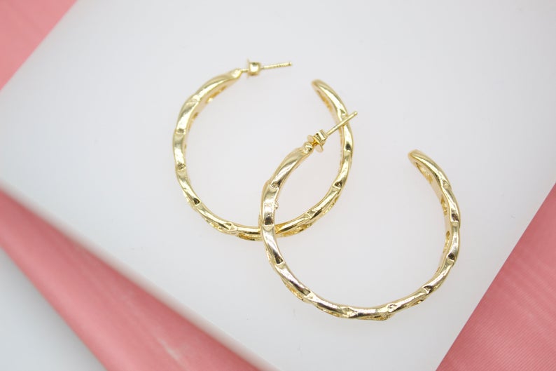 18K Gold Filled Cuban Link Chain Stud Earrings Hoops (K164)-0