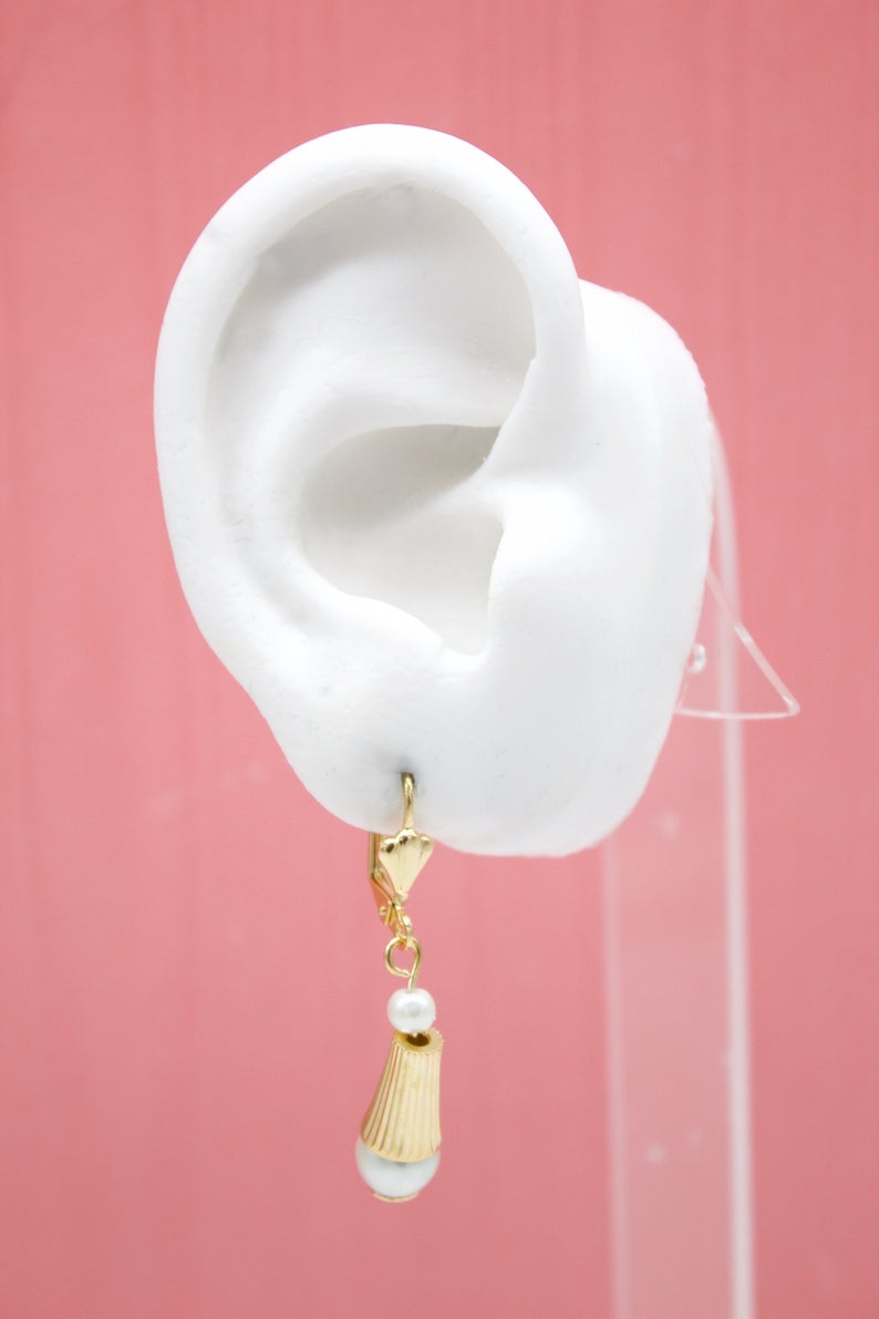 18K Gold Filled Long Golden Dangle Pearl Earrings-1