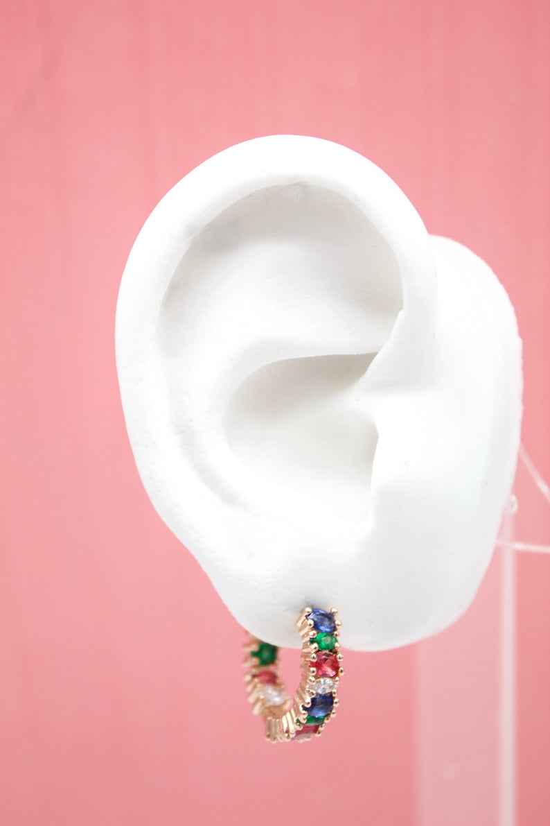 18K Gold And Rhodium Filled Hoop Earrings With MulitColor CZ Cubic Zirconia Stones (L224)-3