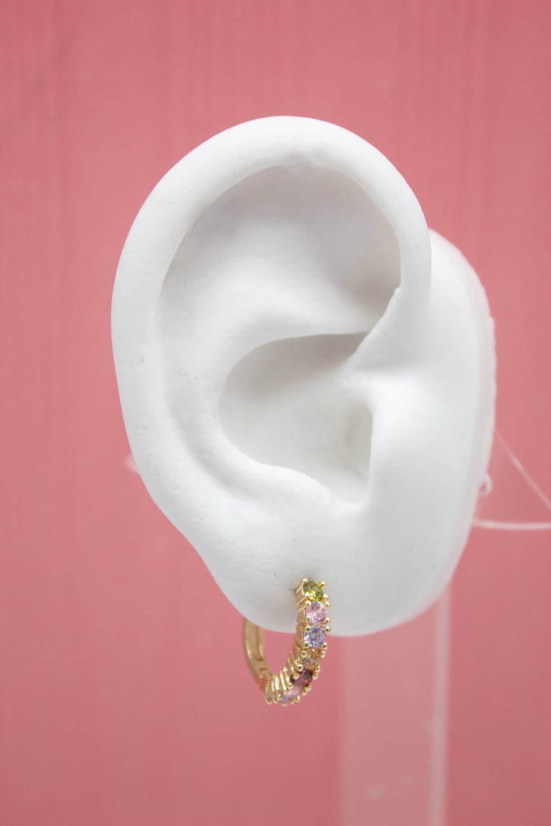 18K Gold Filled Huggies Earrings With Round Multi Color CZ Cubic Zirconia Stones (STYLE C)-1