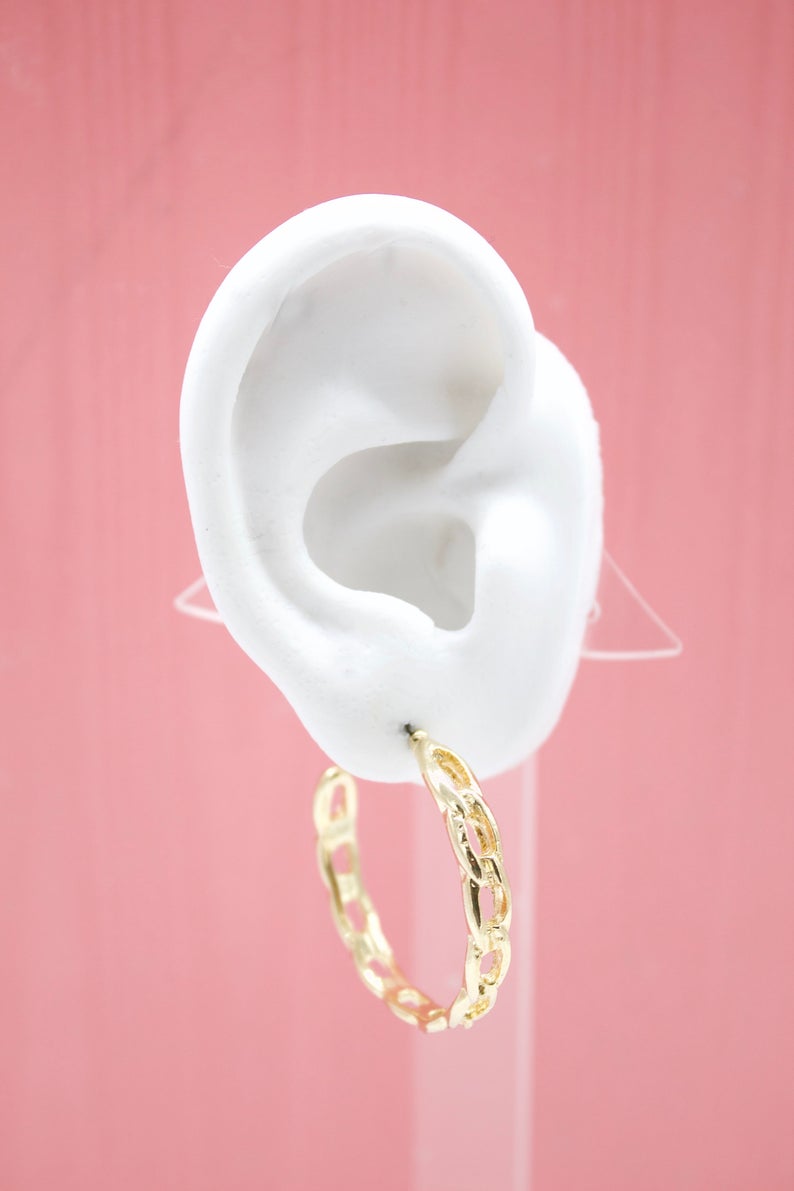 18K Gold Filled Cuban Link Chain Stud Earrings Hoops (K164)-1