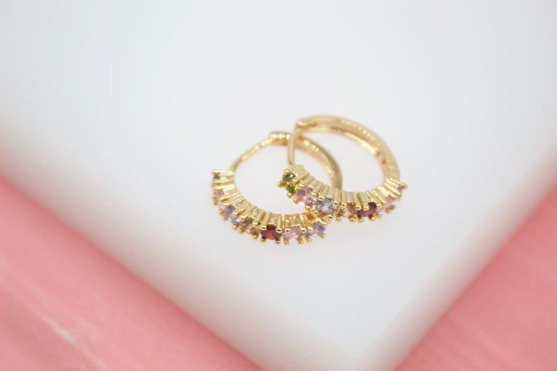 18K Gold Filled Huggies Earrings With Round Multi Color CZ Cubic Zirconia Stones (STYLE C)-0