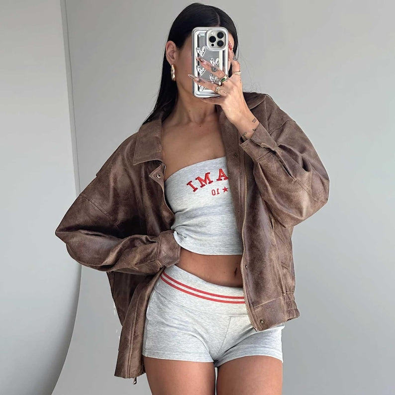 1980s Oversized Retro Distressed Chocolate Brown Vintage Real Leather Jacket Women’s Streetwear Loose Style Leather Jacket, Gift For her