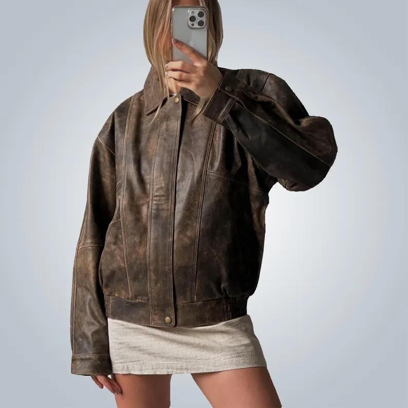 1980s & 90s Oversized Retro Distressed Brown Vintage Handmade Real Leather Jacket Women’s Streetwear Loose Fit Boxy Leather Coat,Ladies gift
