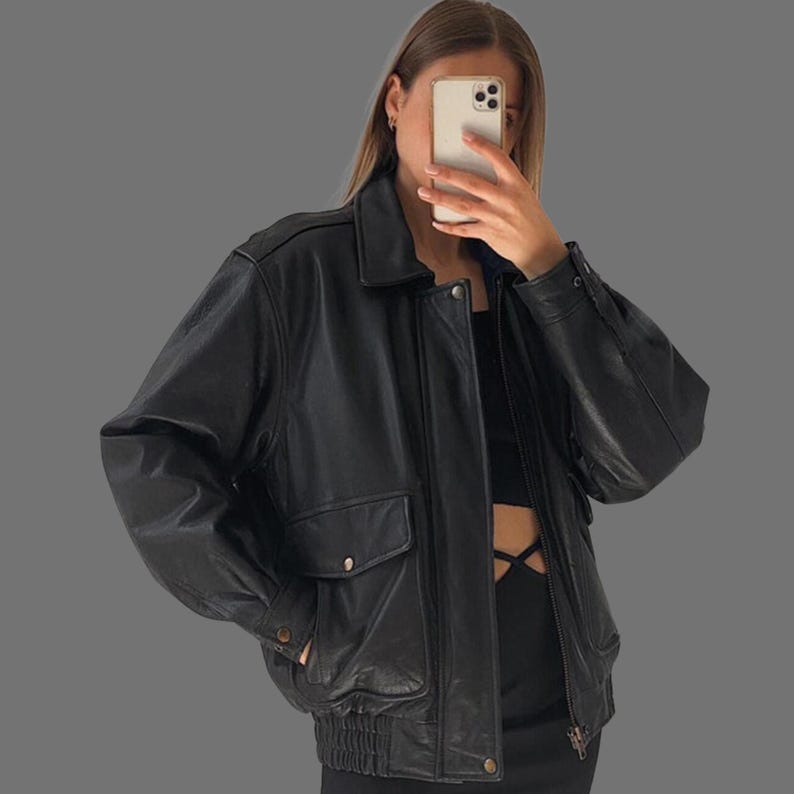 1980s Women Handmade Black Oversized Vintage Bomber Retro Real Leather Jacket | Ladies Oversize Genuine Leather Jacket