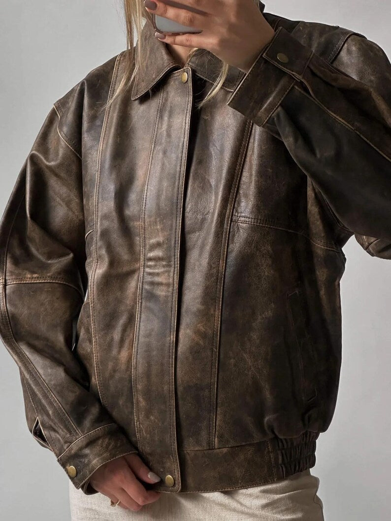 1980s Distressed Brown Oversized Retro Vintage Real Leather Jacket, Women’s Streetwear Loose  Leather Jacket, Ladies Jacket Gift For her