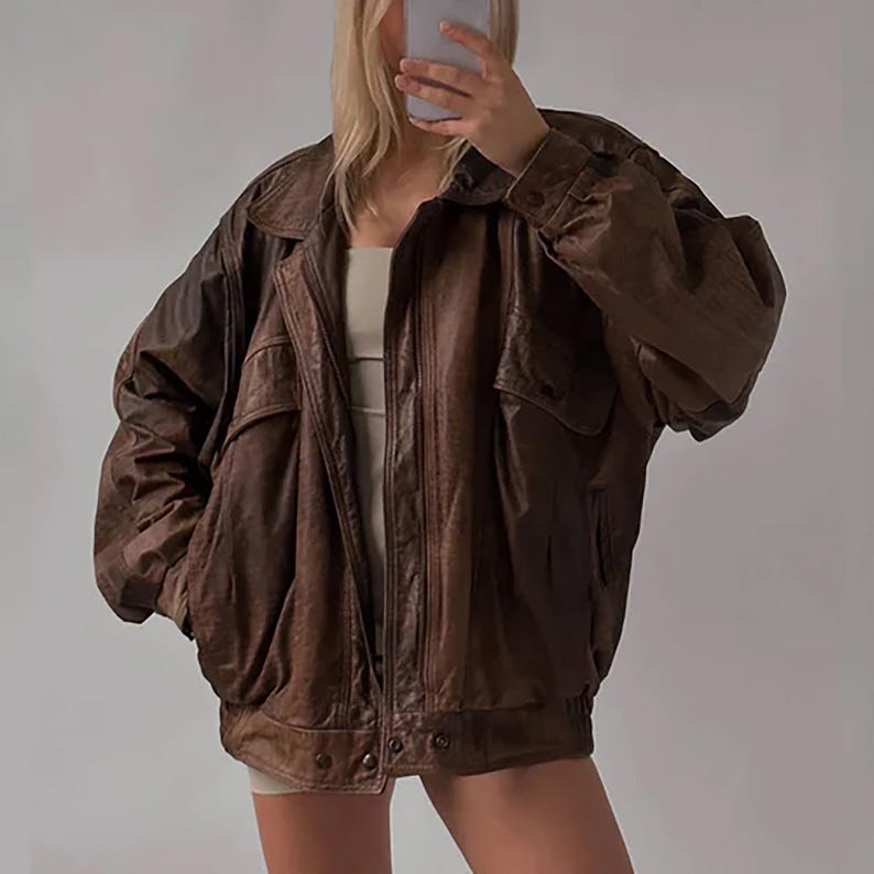 1980's Women Handmade Brown Oversize Bomber Lambskin Soft Real Leather Jacket, Womens Casual Wear Genuine Leather Jacket, Gift for Him women