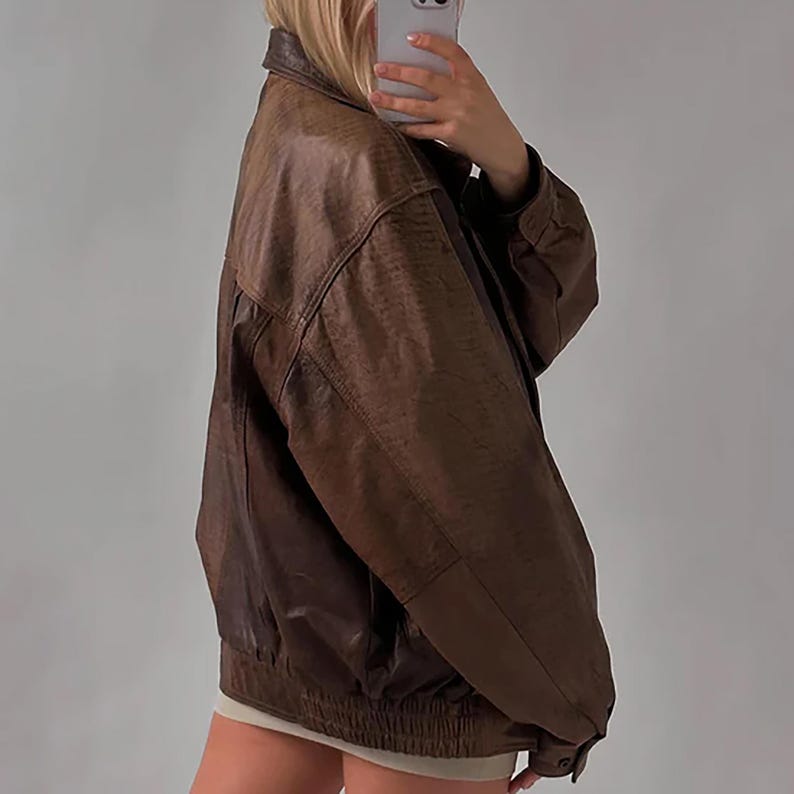 1980's Women Handmade Brown Oversize Bomber Lambskin Soft Real Leather Jacket, Womens Casual Wear Genuine Leather Jacket, Gift for Him women