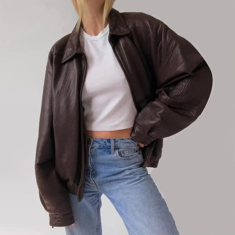 1980's Women Brown Leather Bomber Jacket, Ladies Oversized Straight Cut Sheep Leather Jacket, Women's Soft Real Leather Jacket, Gift for her