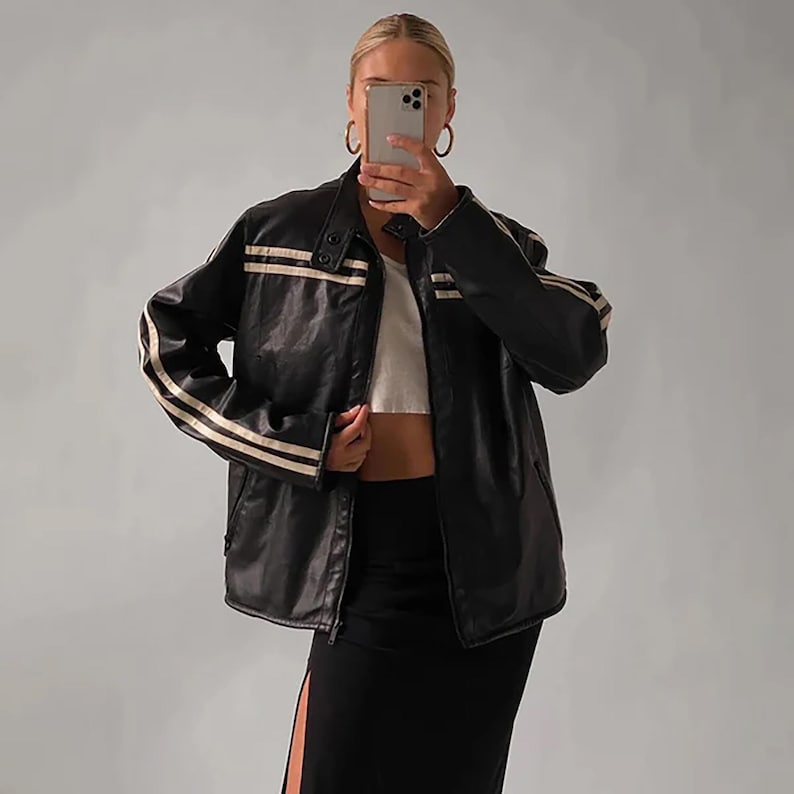80's Women's Vintage Black Oversized Jacket, Women Casual Genuine Leather Jacket, Ladies Black Striped Jacket, 80's Style Jacket, Gift Her