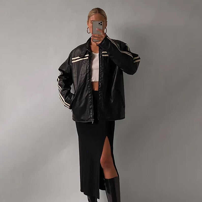 80's Women's Vintage Black Oversized Jacket, Women Casual Genuine Leather Jacket, Ladies Black Striped Jacket, 80's Style Jacket, Gift Her