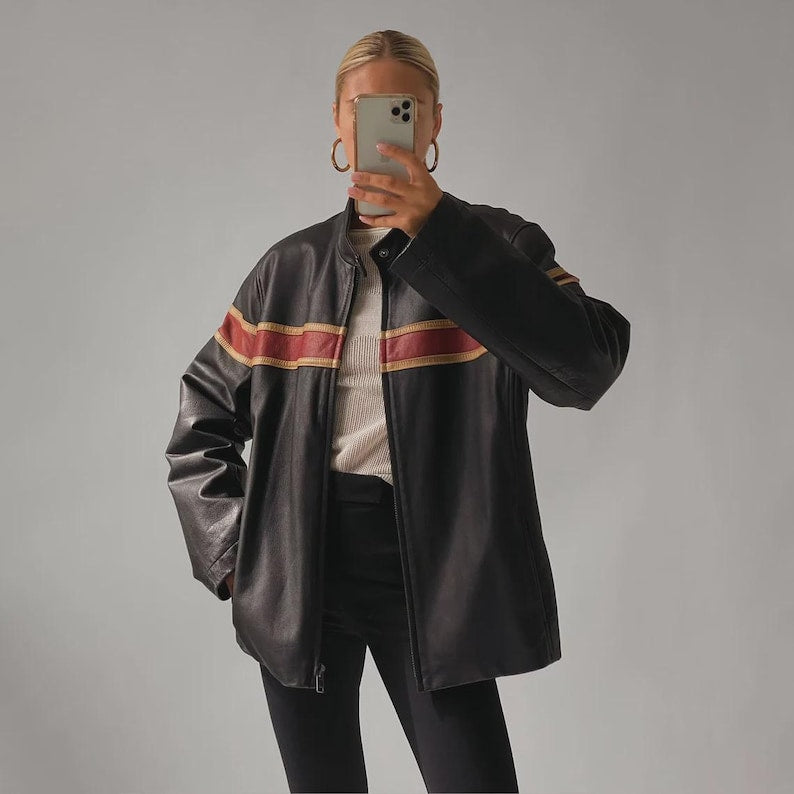1980's Women Distressed Black Oversized Jacket, Women's Casual Genuine Leather Jacket, Women Black Striped Jacket, Christmas Gift For Her