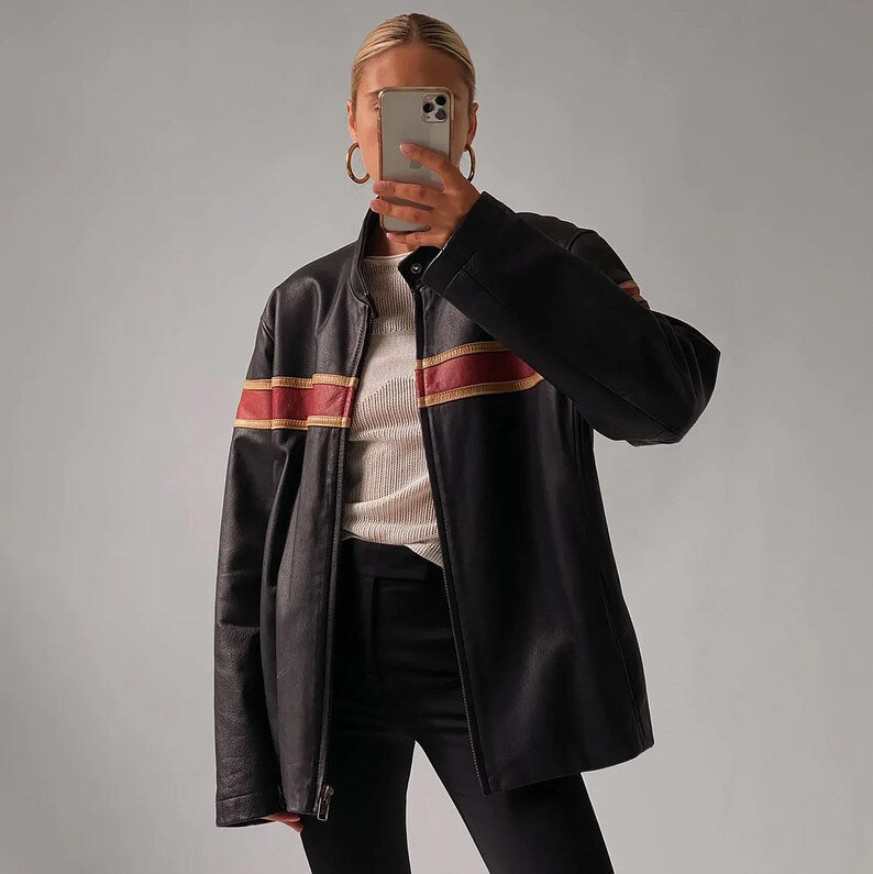 1980's Women Distressed Black Oversized Jacket, Women's Casual Genuine Leather Jacket, Women Black Striped Jacket, Christmas Gift For Her