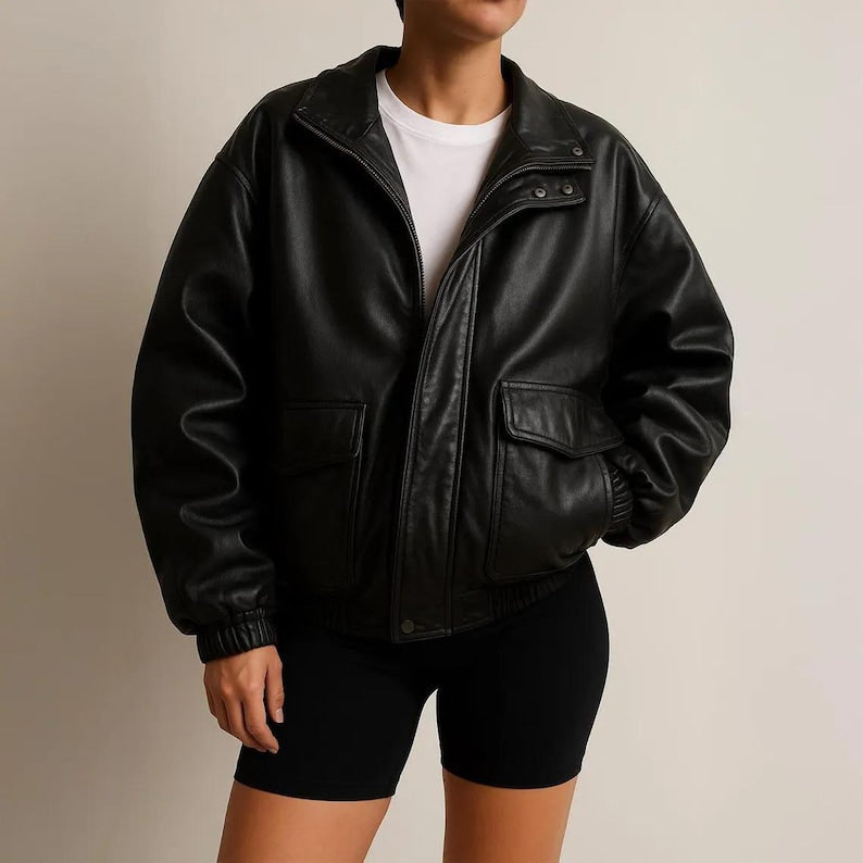 1980s Women Black Oversized Leather Jacket, Ladies Old Retro Vintage Leather Jacket, Women's Streetwear Genuine Leather Jacket, Gift For Him