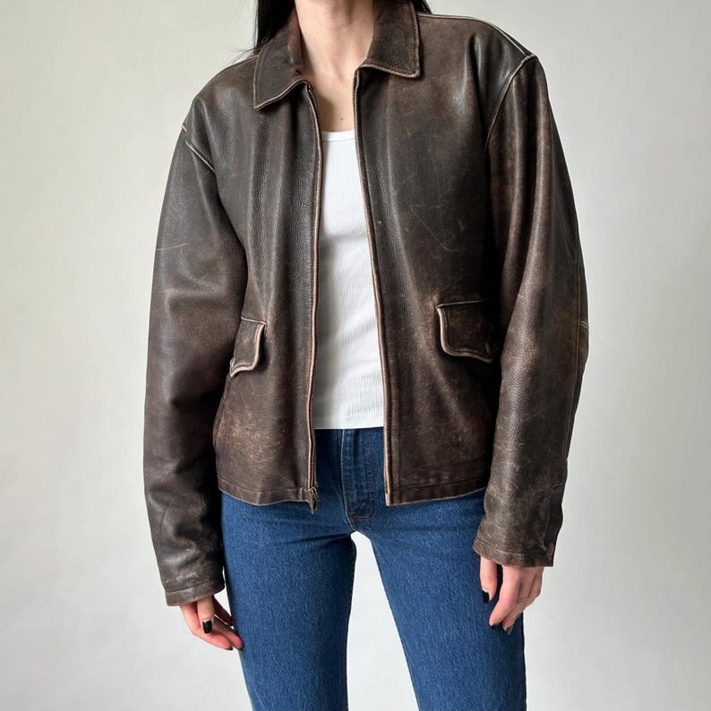 1980s Oversized Retro Distressed Brown Vintage Real Leather Jacket Women’s Streetwear Loose Fit Leather Jacket, Gift For her