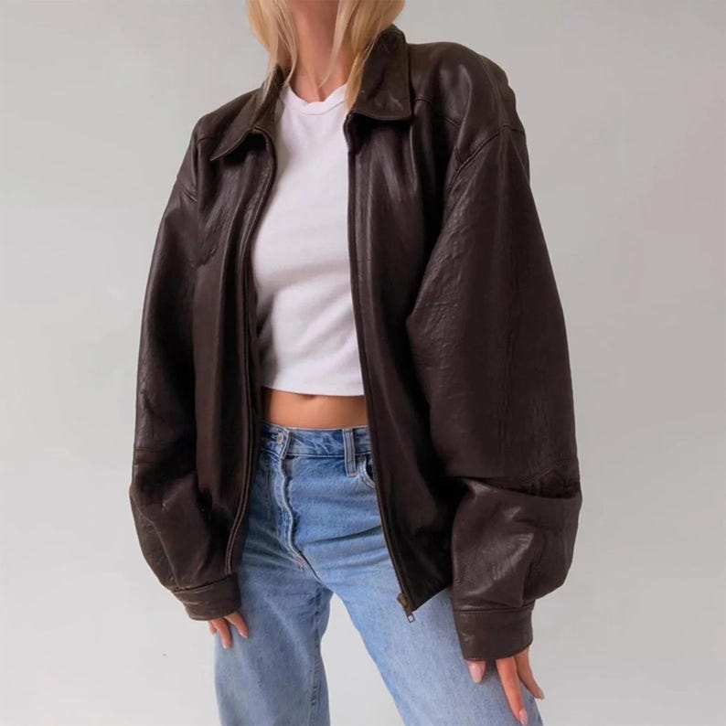 1980's Women Brown Leather Bomber Jacket, Ladies Oversized Straight Cut Sheep Leather Jacket, Women's Soft Real Leather Jacket, Gift for her