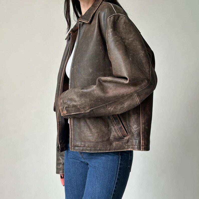 1980s Oversized Retro Distressed Brown Vintage Real Leather Jacket Women’s Streetwear Loose Fit Leather Jacket, Gift For her