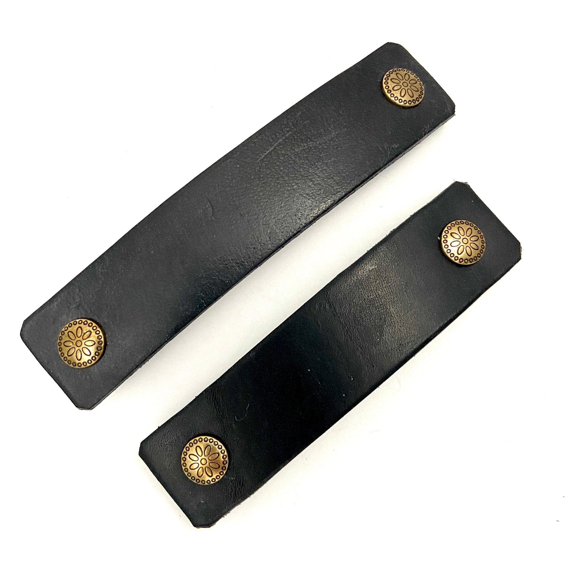 Black Leather & Decorative Brass Stud Barrette-2