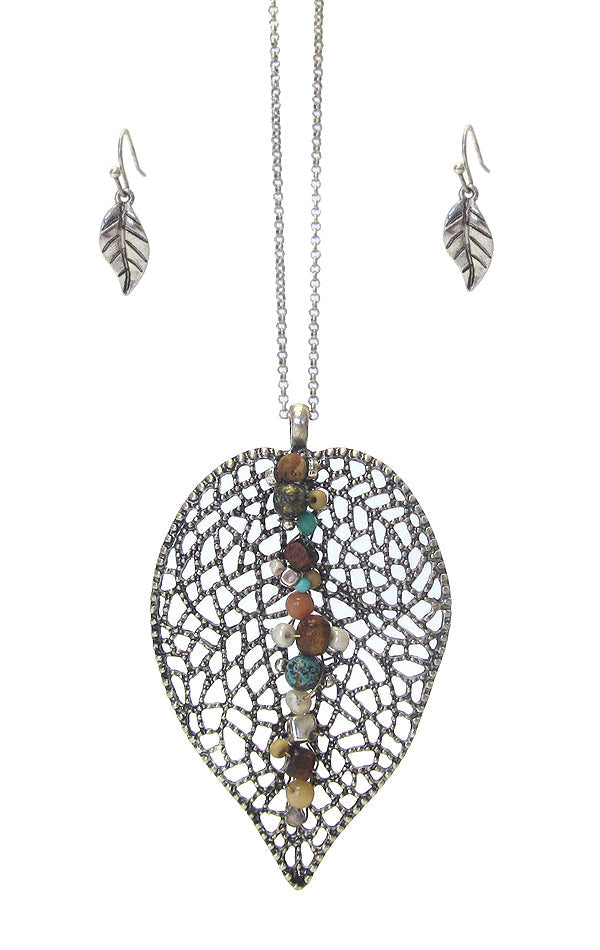 METAL FILIGREE LEAF PENDANT LONG CHAIN NECKLACE SET-0