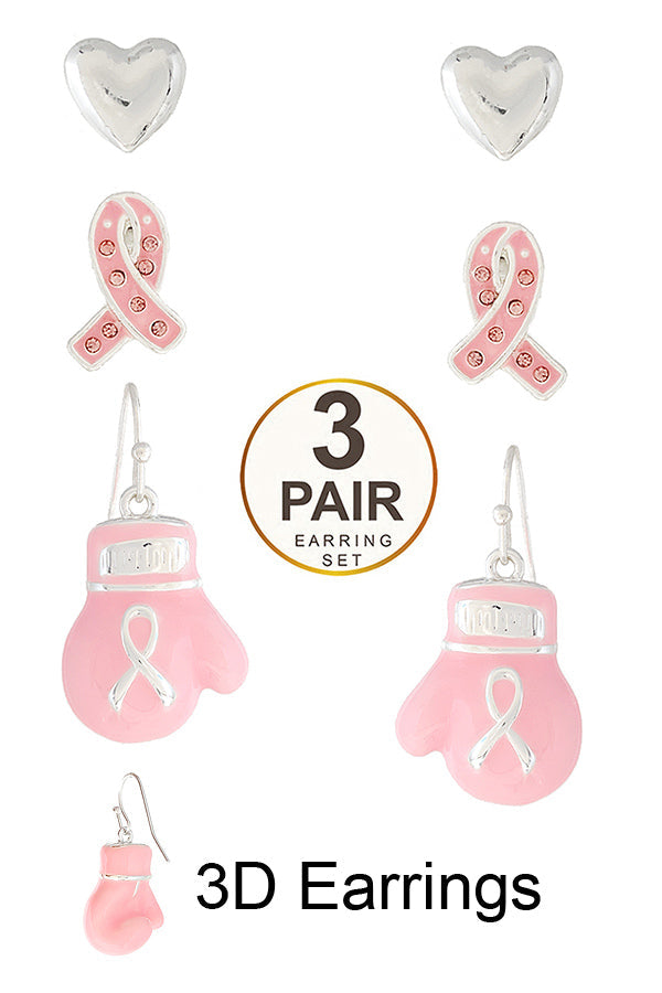 BREAST CANCER AWARENESS THEME EPOXY 3D EARRING 3 PAIR SET - PINK RIBBON BOXING GLOVE-0