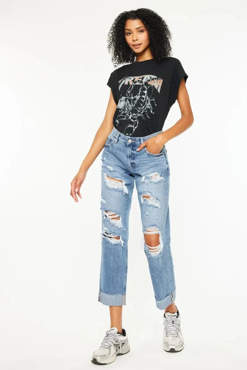 Kancan Mid Rise Distressed Boyfriend Fit Jeans-2
