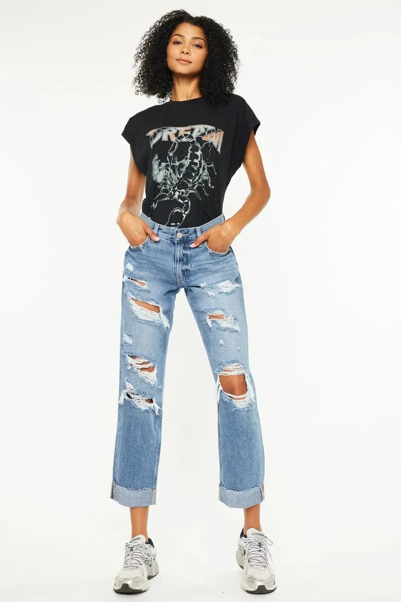 Kancan Mid Rise Distressed Boyfriend Fit Jeans-3