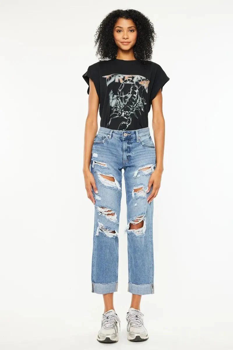 Kancan Mid Rise Distressed Boyfriend Fit Jeans-4