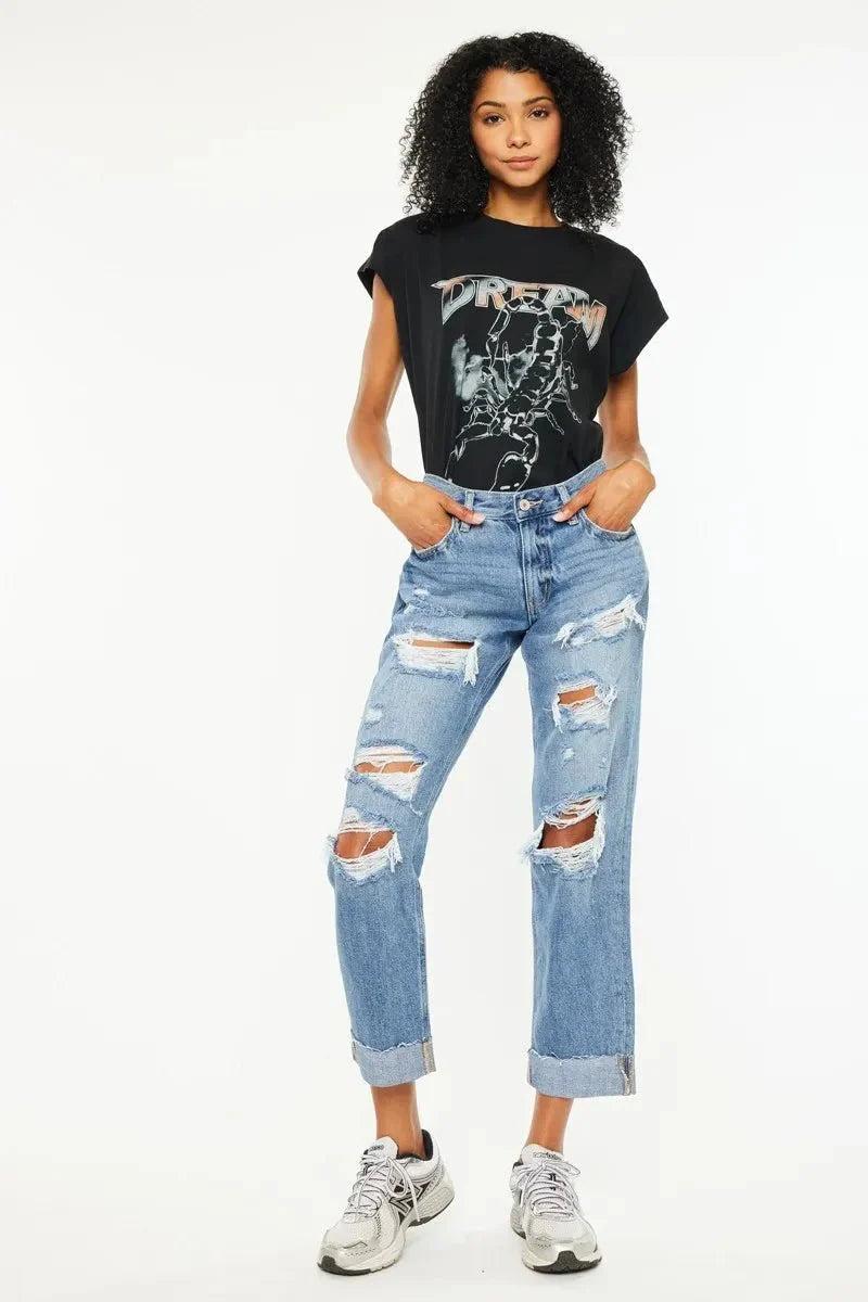 Kancan Mid Rise Distressed Boyfriend Fit Jeans-0