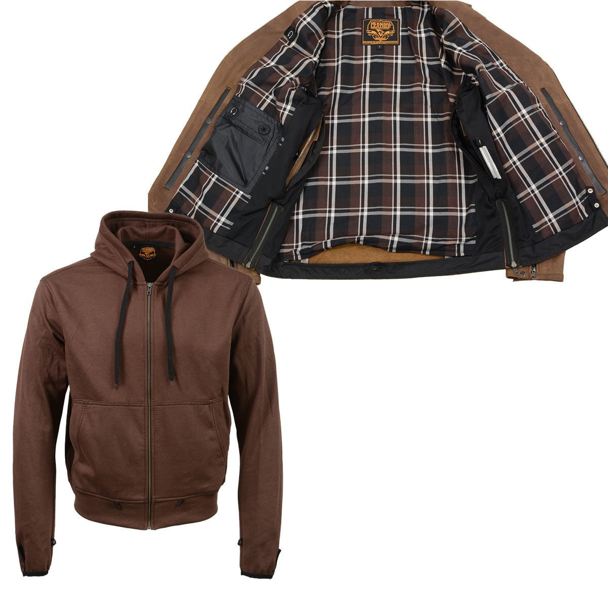 Men's Vintage Crazy Horse Brown Leather Jacket w/ Removable Hoodie