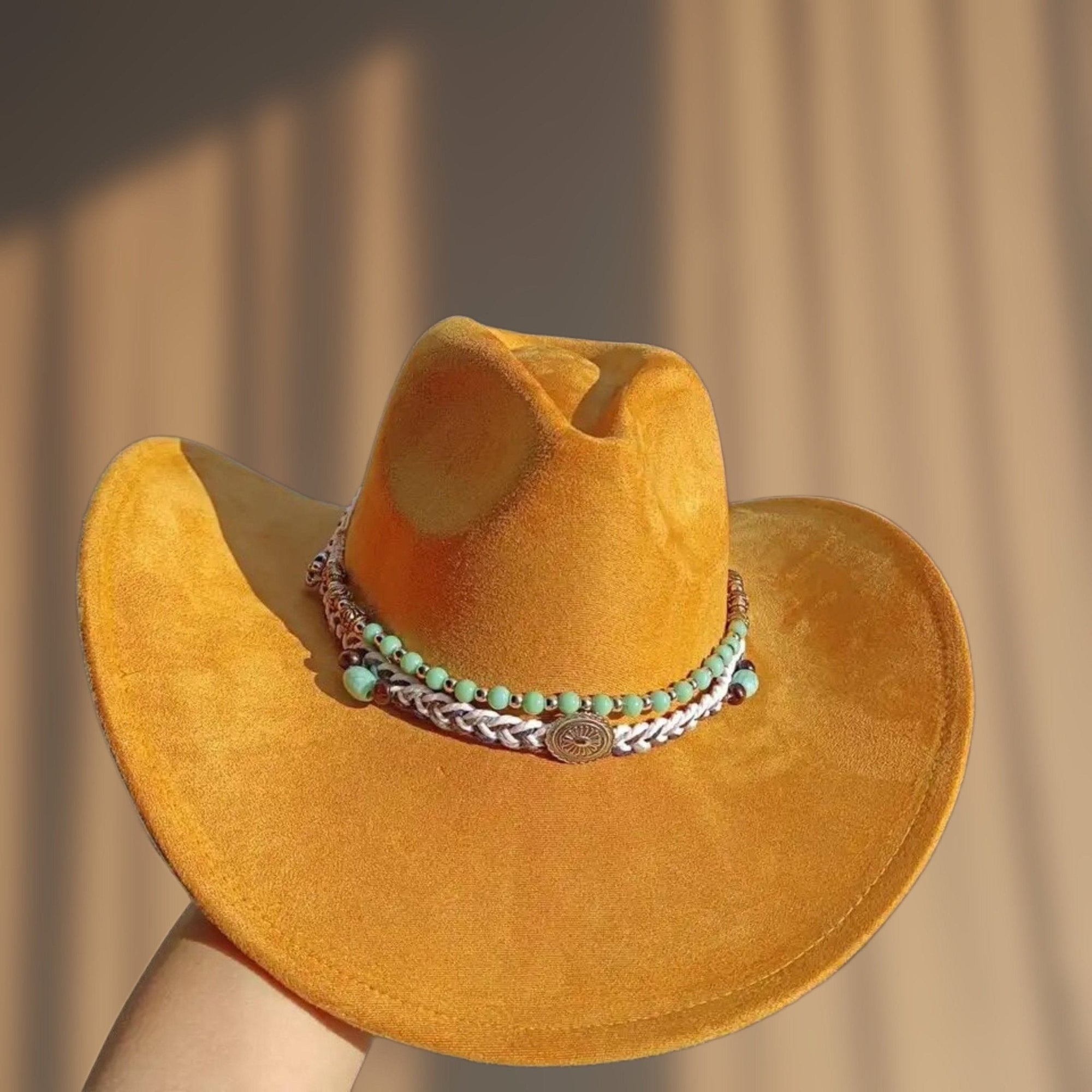 Premium Suede Cowboy Hat - Mustard Design with Decorative Beads and Silver Accents-0