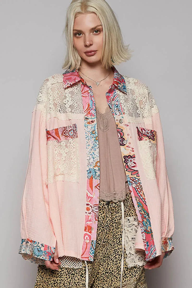 POL Lace Patchwork Floral Trim Long Sleeve Shirt-0