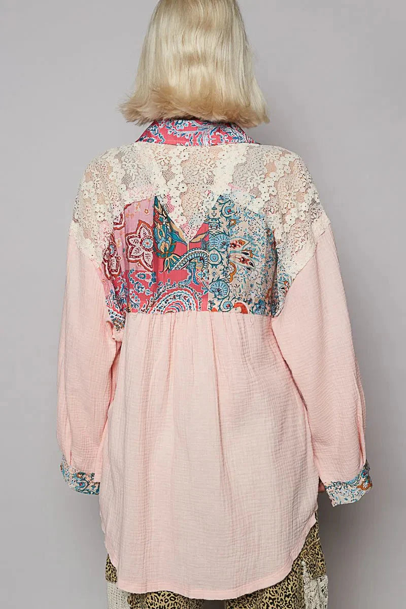 POL Lace Patchwork Floral Trim Long Sleeve Shirt-2