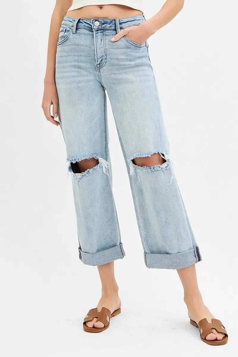 RISEN Full Size Mid Rise Fit Boyfriend Jeans with Cuff Plus Size-0