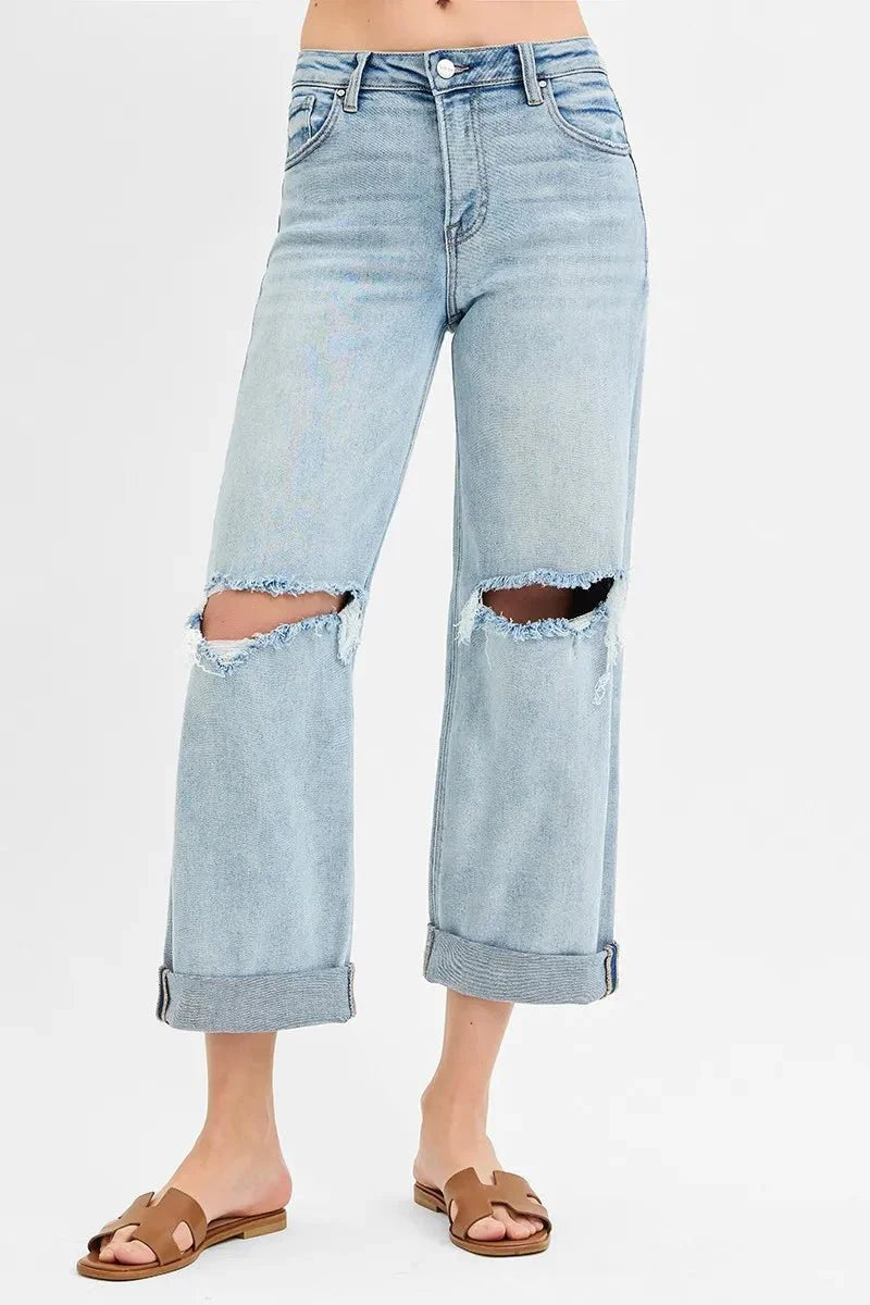 RISEN Full Size Mid Rise Fit Boyfriend Jeans with Cuff Plus Size-1