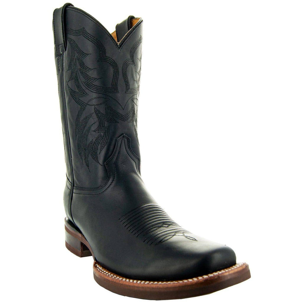 Black Square Toe Leather Cowboy Boots H4002
