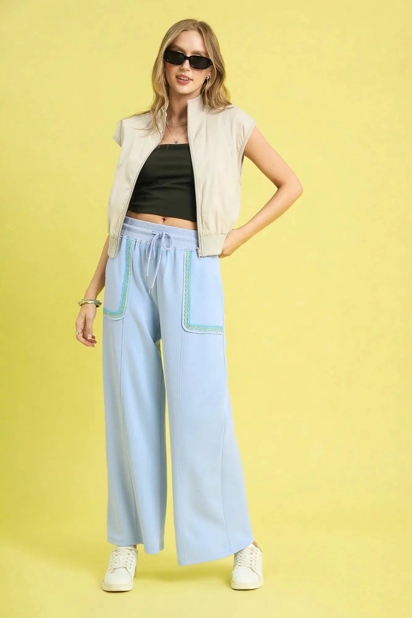 Umgee Drawstring Wide Leg Pants with Scallop Trim Detail-4