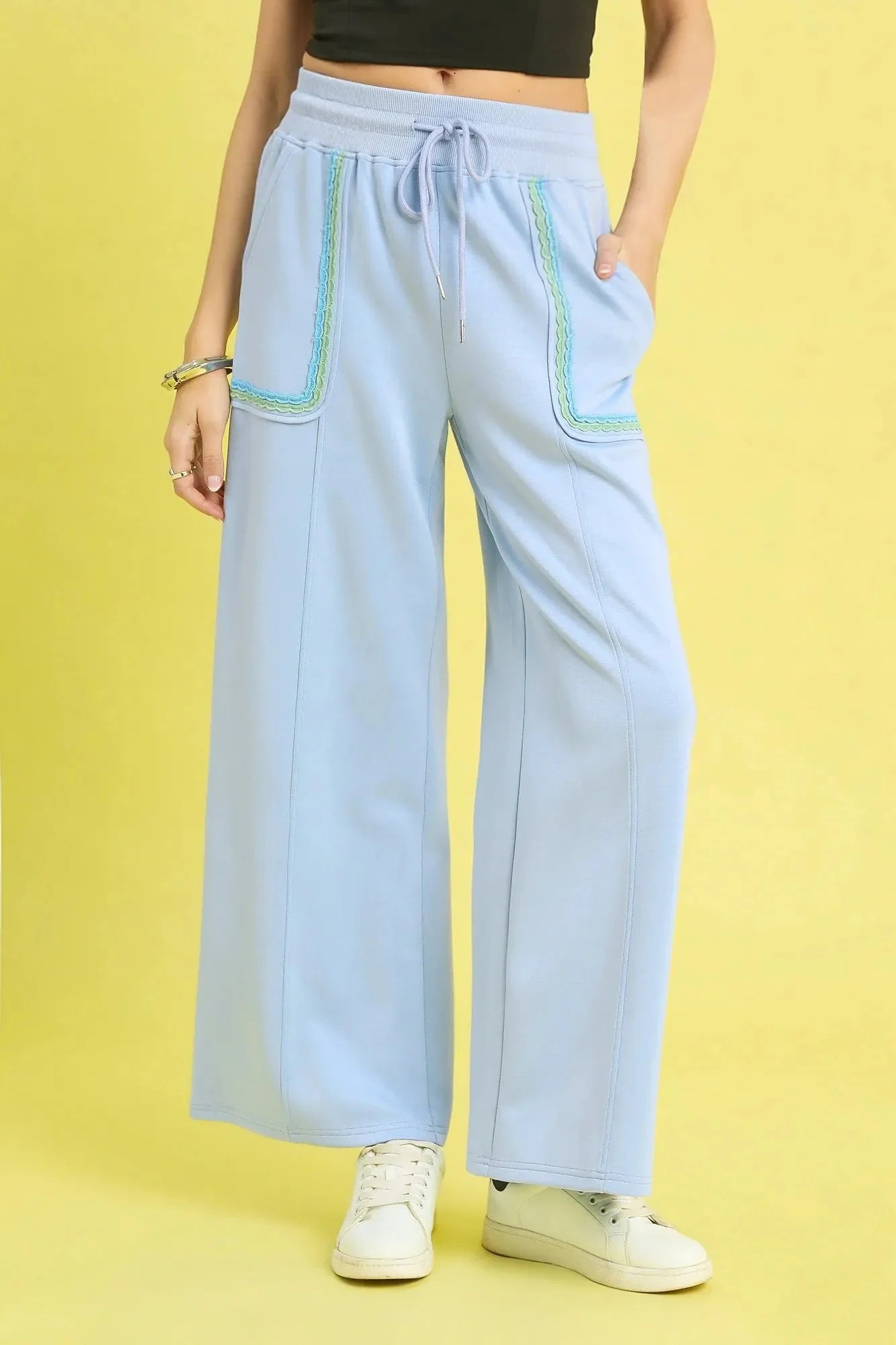 Umgee Drawstring Wide Leg Pants with Scallop Trim Detail-0