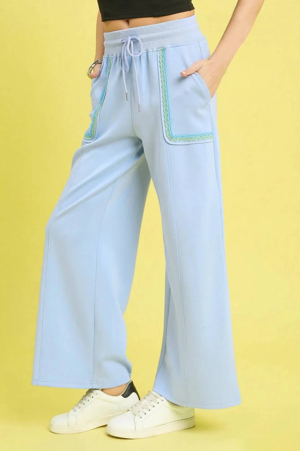 Umgee Drawstring Wide Leg Pants with Scallop Trim Detail-2