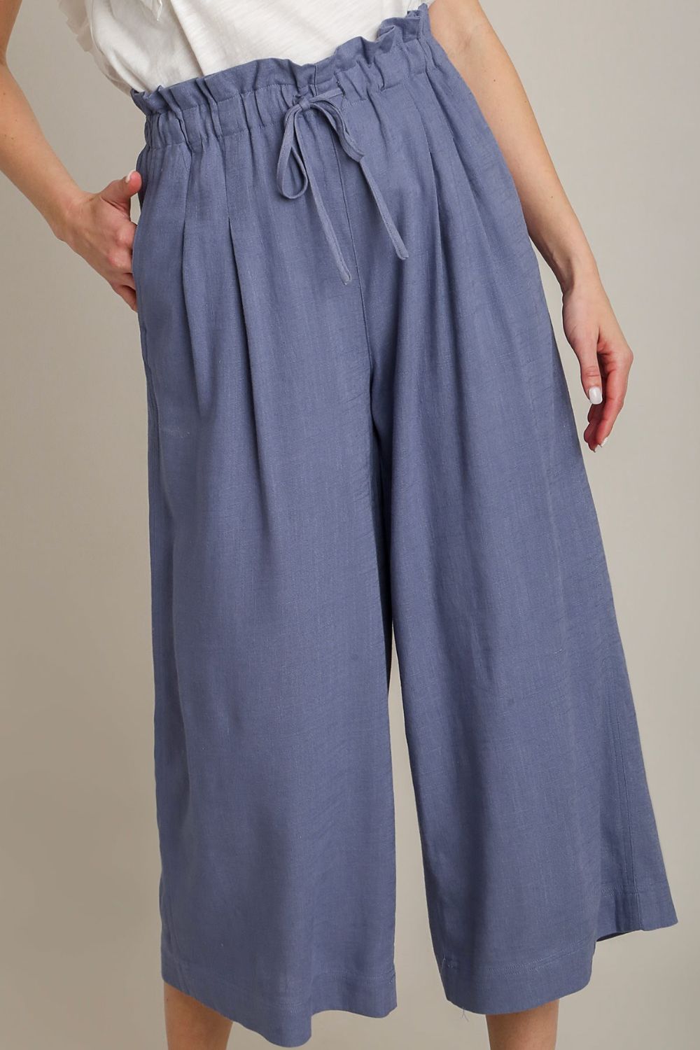 Umgee Full Size Linen Wide Fit Pants with Drawstring Plus Size-0
