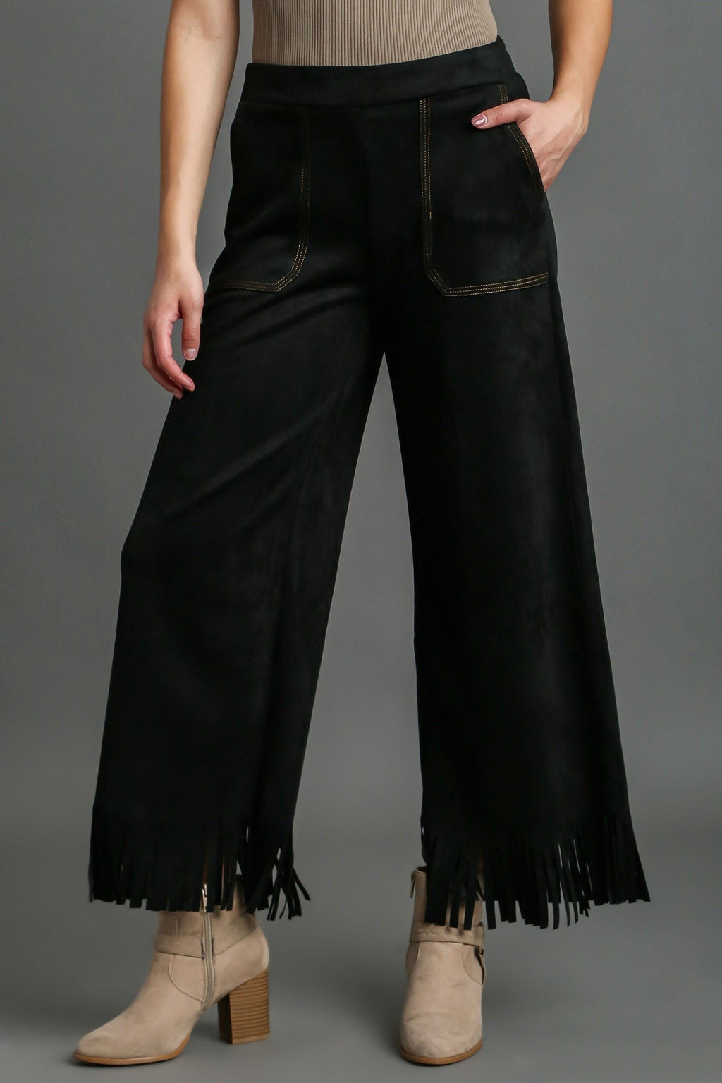 Umgee Full Size Suede Fringe Hem Wide Leg Pants Plus Size-0