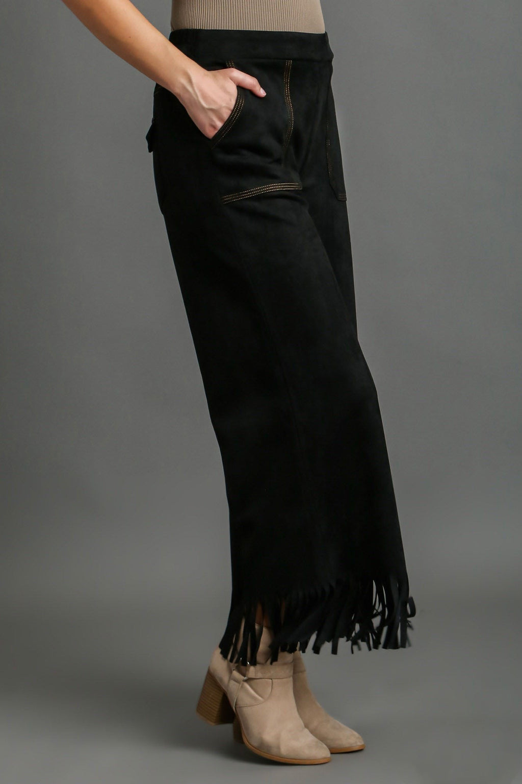 Umgee Full Size Suede Fringe Hem Wide Leg Pants Plus Size-1