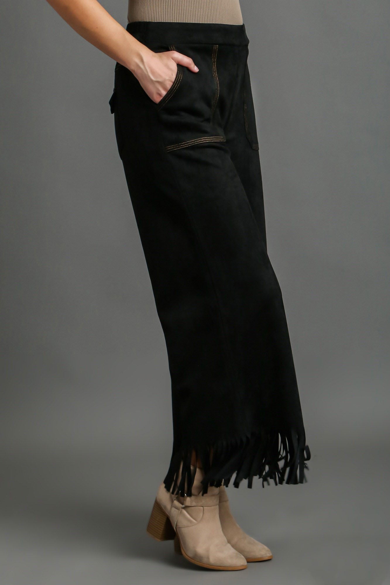 Umgee Full Size Suede Fringe Hem Wide Leg Pants Plus Size-1